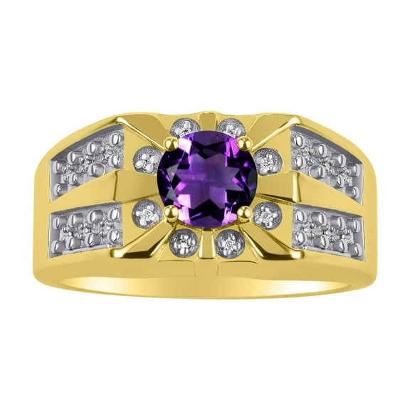 RYLOS Men's Rings 14K Yellow Gold Designer Starburst 7MM Round Gemstone & Diamond Ring Amethyst February Birthstone Size 8
