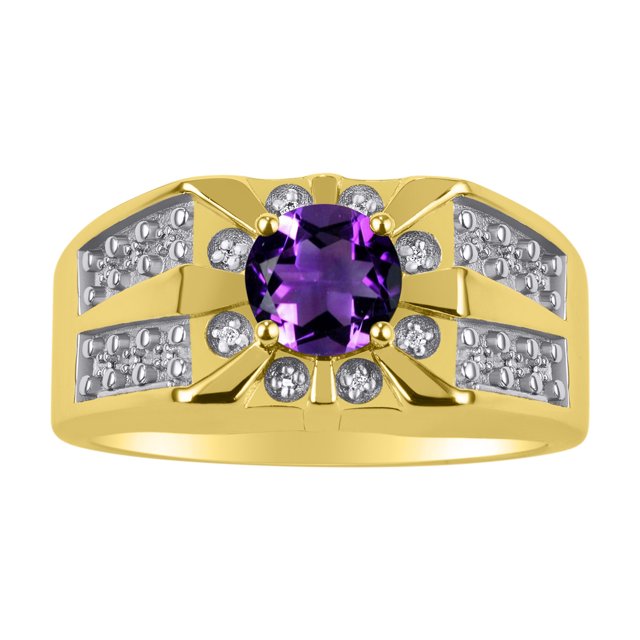 RYLOS Men's Rings Yellow Gold Plated Silver Designer Starburst 7MM Round Gemstone & Diamond Ring Amethyst February Size 10