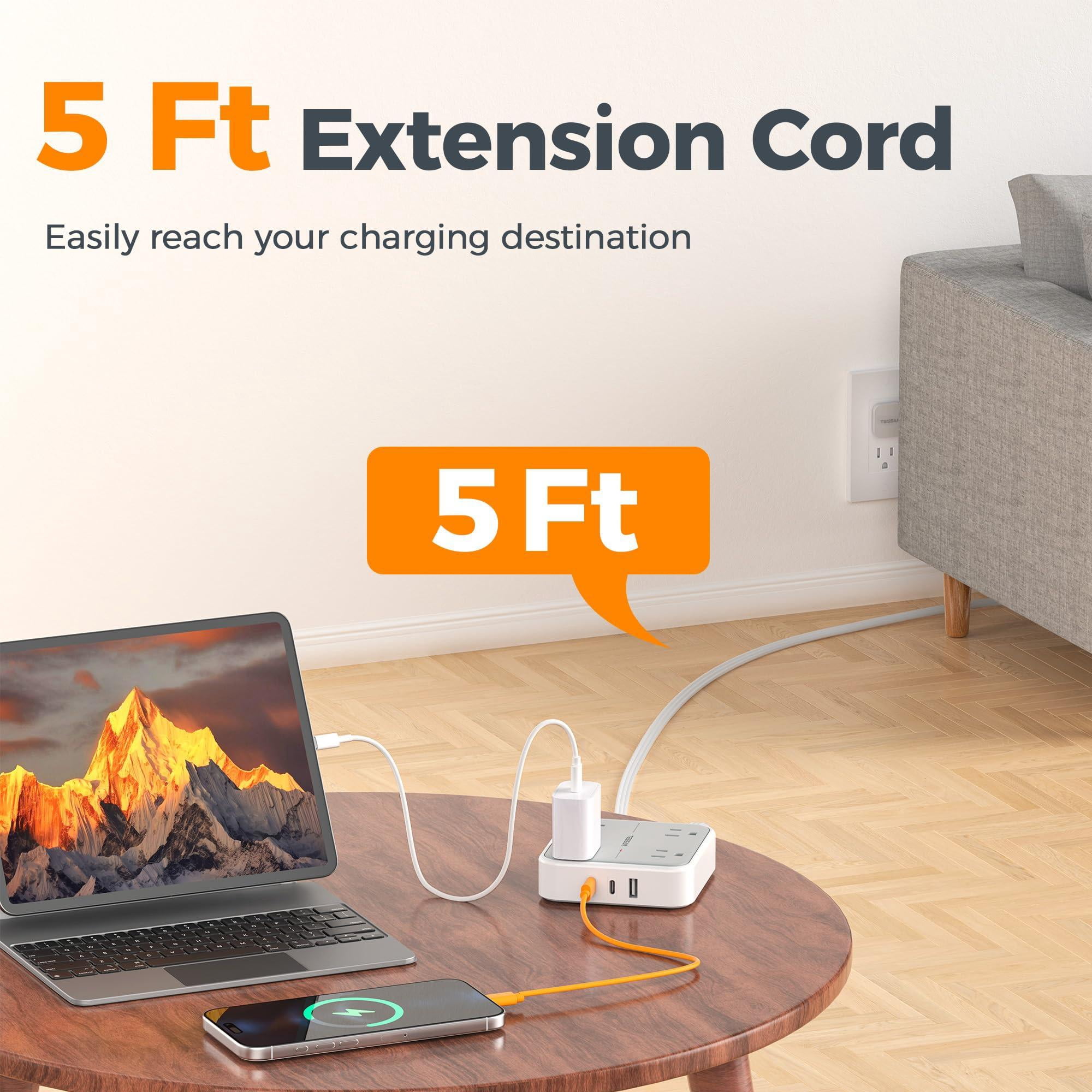 Surge Protector Flat Extension Cord 5ft  Plug Power Strip With 4 Outlets 3 Usb Ports (2 C) 900 Joules Protection Multiple Wall Outlet Extender Suitable For Home Office Dorm Grey
