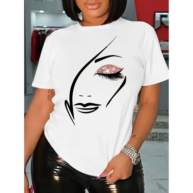 1pc Women'S Polyester Casual T-Shirt with Elegant Portrait Print, Crew Neck, Short Sleeve, Knit Fabric Top for All Seasons