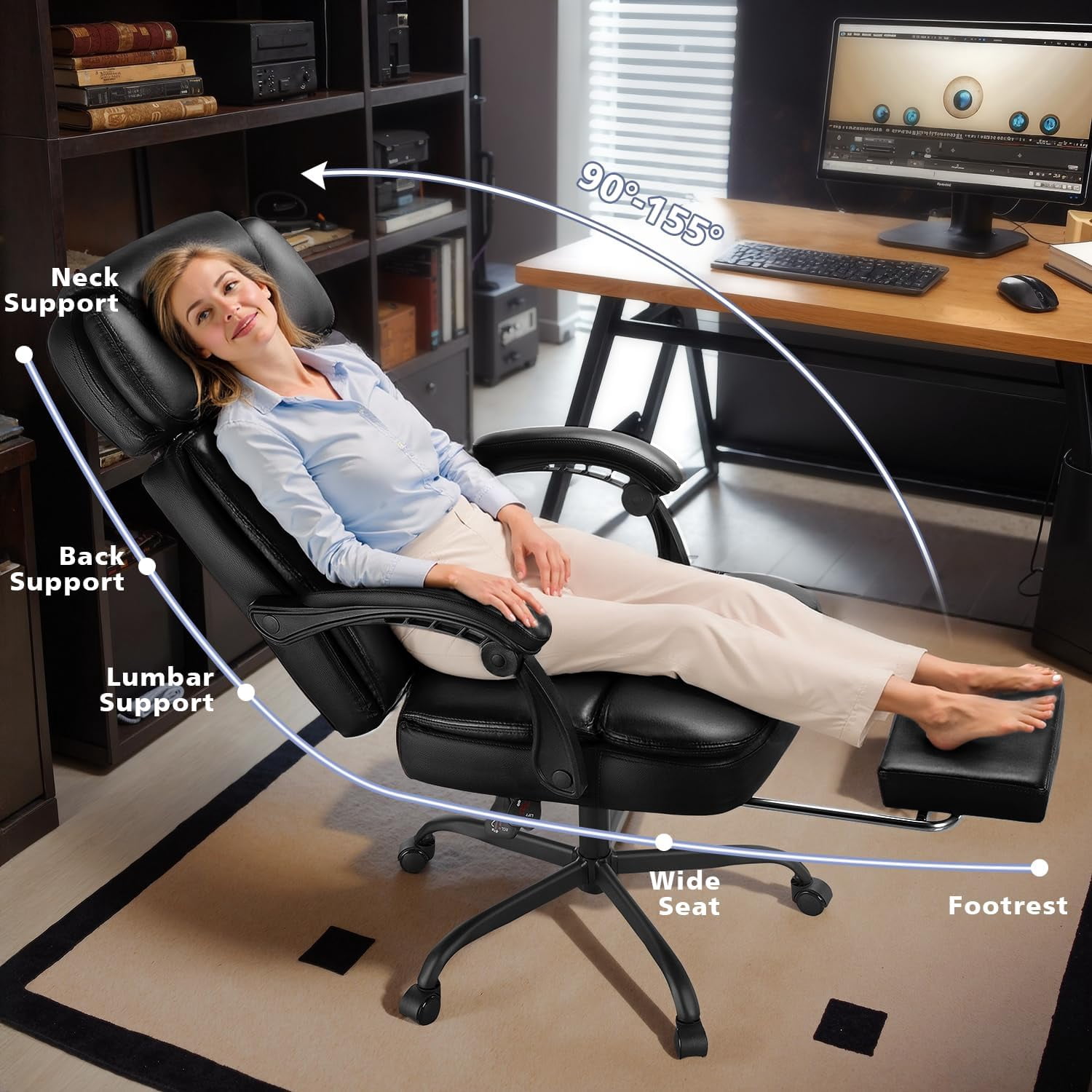 Big and Tall Office Chair 400lbs Capacity, Ergonomic Executive Chair with Linkage Armrests, Adjustable Headrest, Retractable Footrest & Lumbar Support, High Back PU Leather Desk Chair, Black
