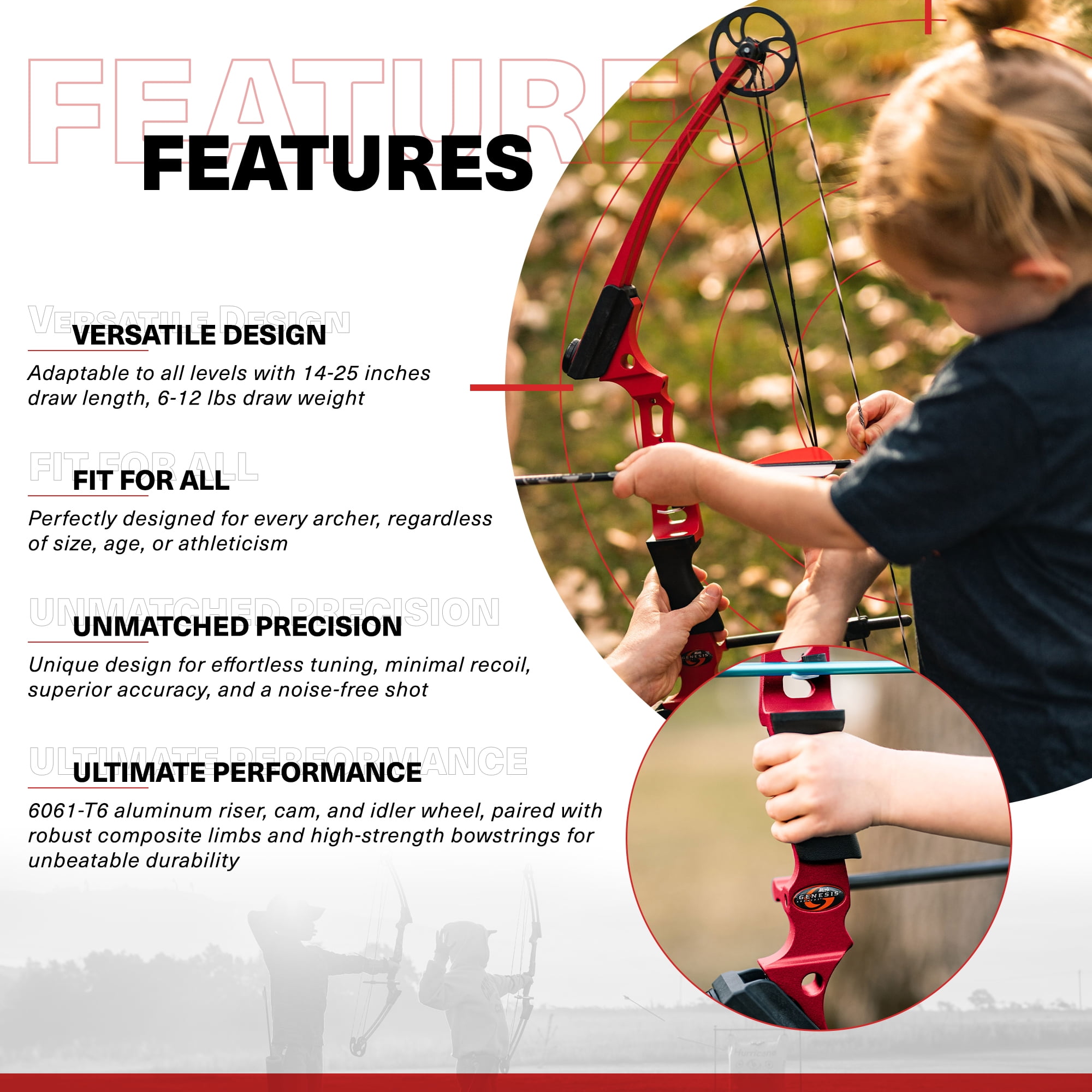 Genesis Mini, Youth Compound Bow & Arrow Set w/Quiver, Draw Hand-Right, Red