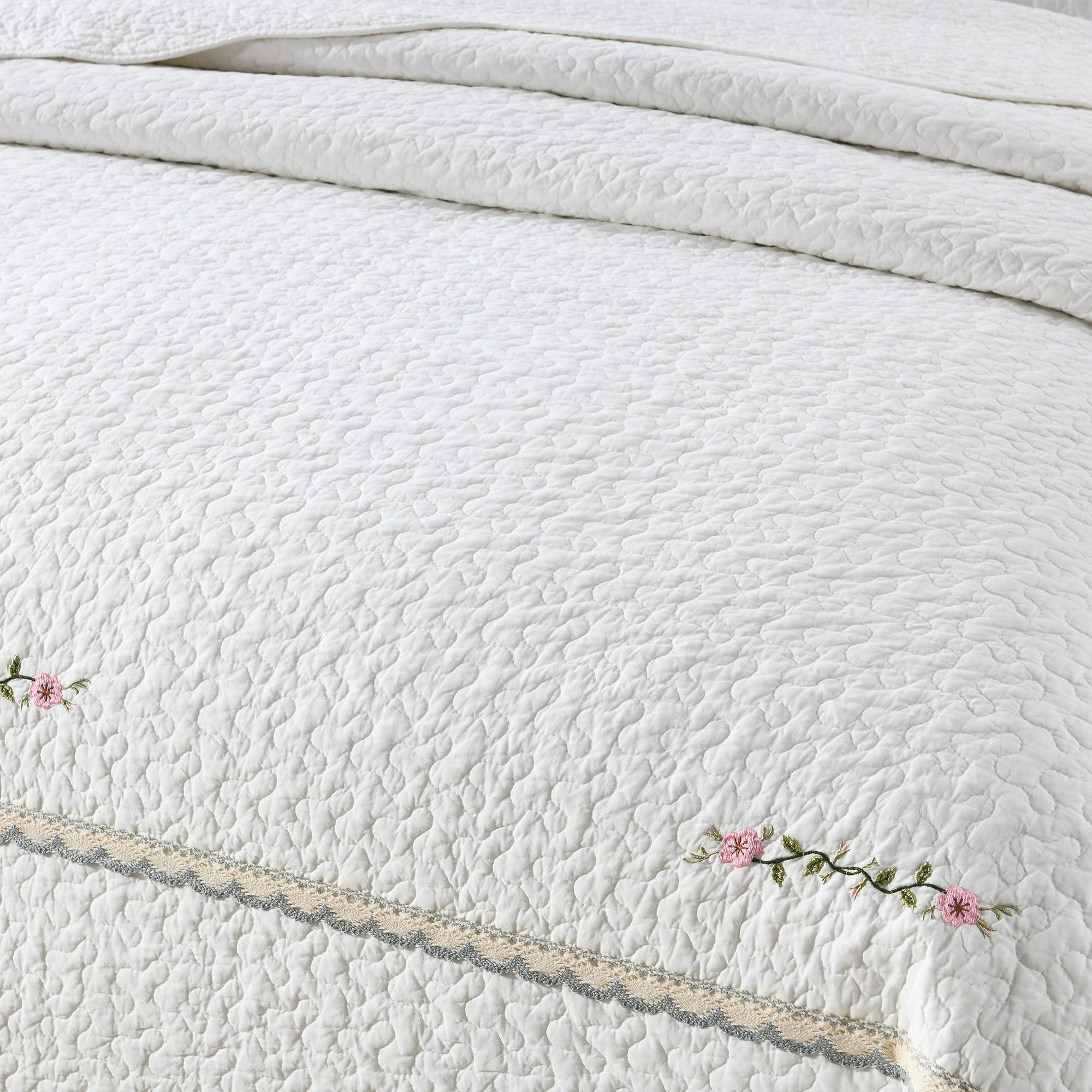 MarCielo 3-Piece 100% White Cotton Oversized Bedspread Set Coverlet Set Lightweight Quilt Set Sakura