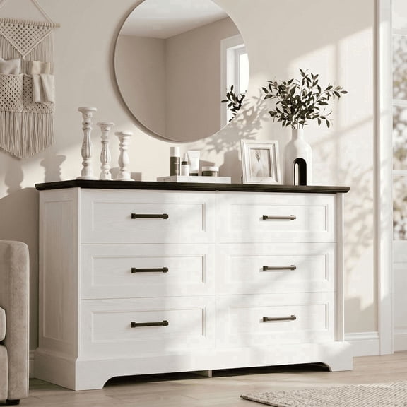 Homall Wooden 6 Drawer Dresser for Bedroom, Modern Chest of Drawers, Storage Cabinet Organizer with Metal Handles for Bedroom, Living Room and Closet, White and Black Top