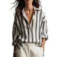 thumbnail image 3 of VBVC Women's Vertical Striped Button Down Shirt, Ladies' V-Neck Collared Loose Fit Blouse,Long Sleeve Curved Hem Tunic For Women,Gray,S-2XL, 3 of 7