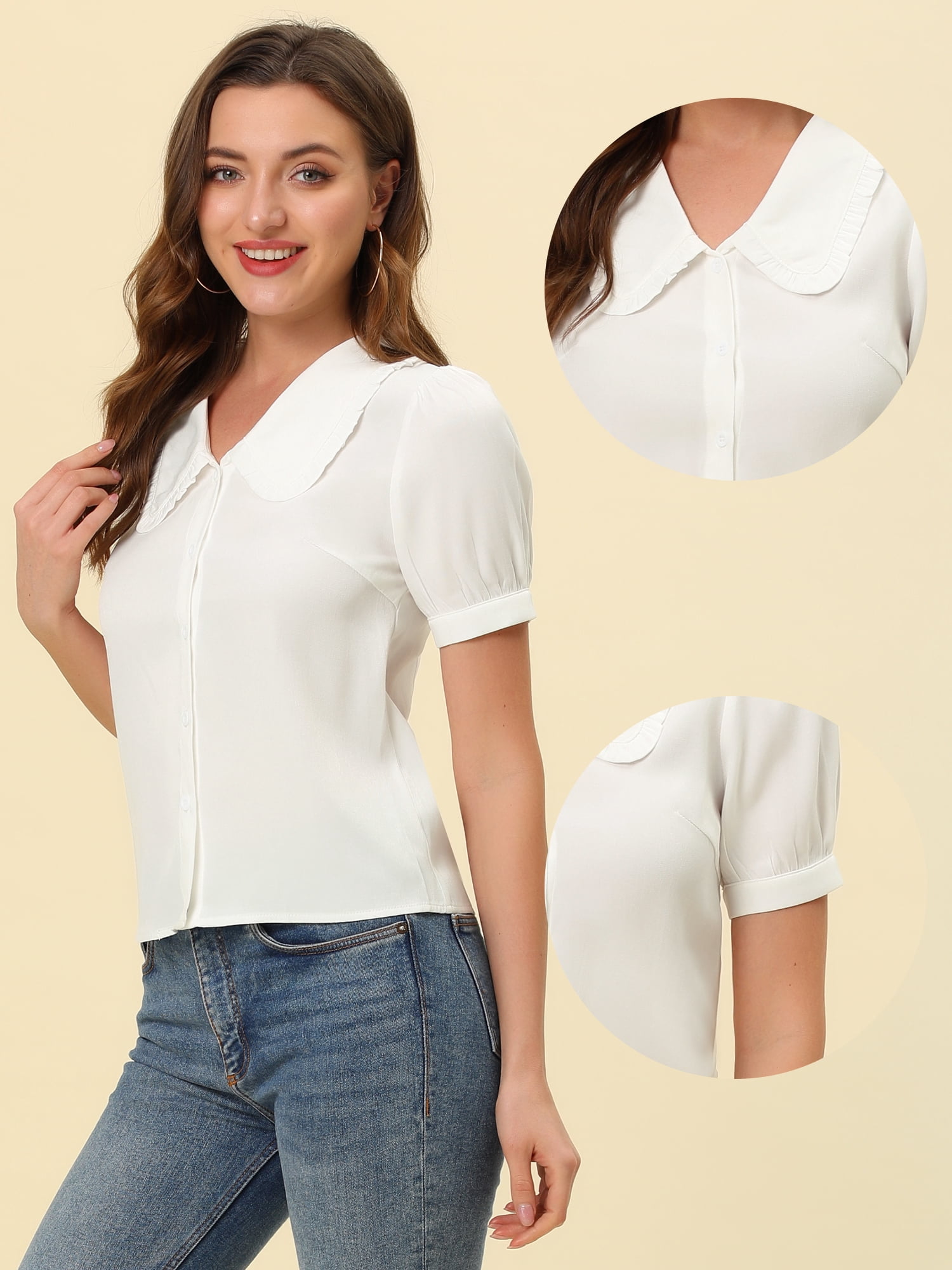 DARING DIVA Women's Peter Pan Collar Puff Short Sleeve Button Chambray Shirt XS White