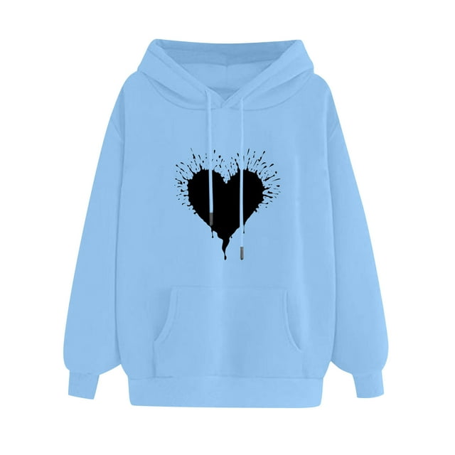 Pompotops Women's Comfortable Sweater Heart Pattern Printed Women's Hooded Pocket Drawstring Sweater Clearance