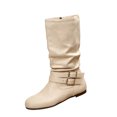 thumbnail image 3 of IEMIEMIEM Women's Low Heel Mid Calf Boots with Side Zipper Buckle Accent Flat Heel Faux Suede Slouchy Outdoor Footwear Casual Non-Slip Fall Winter Boots Beige 8 Wide, 3 of 9
