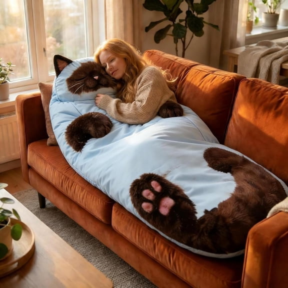 Fluffy Cat Sleeping Bag for Adults, 68.9 x 31.5 Inch Soft Plush Envelope Sleeping Bag Blanket for Home Lounging, Travel, Camping