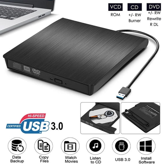 FFORCE External DVD Drive USB 3.0 Type-C CD/DVD Reader Writer Ultra-Slim Portable Burner for Laptop Desktop PC Mac, Black