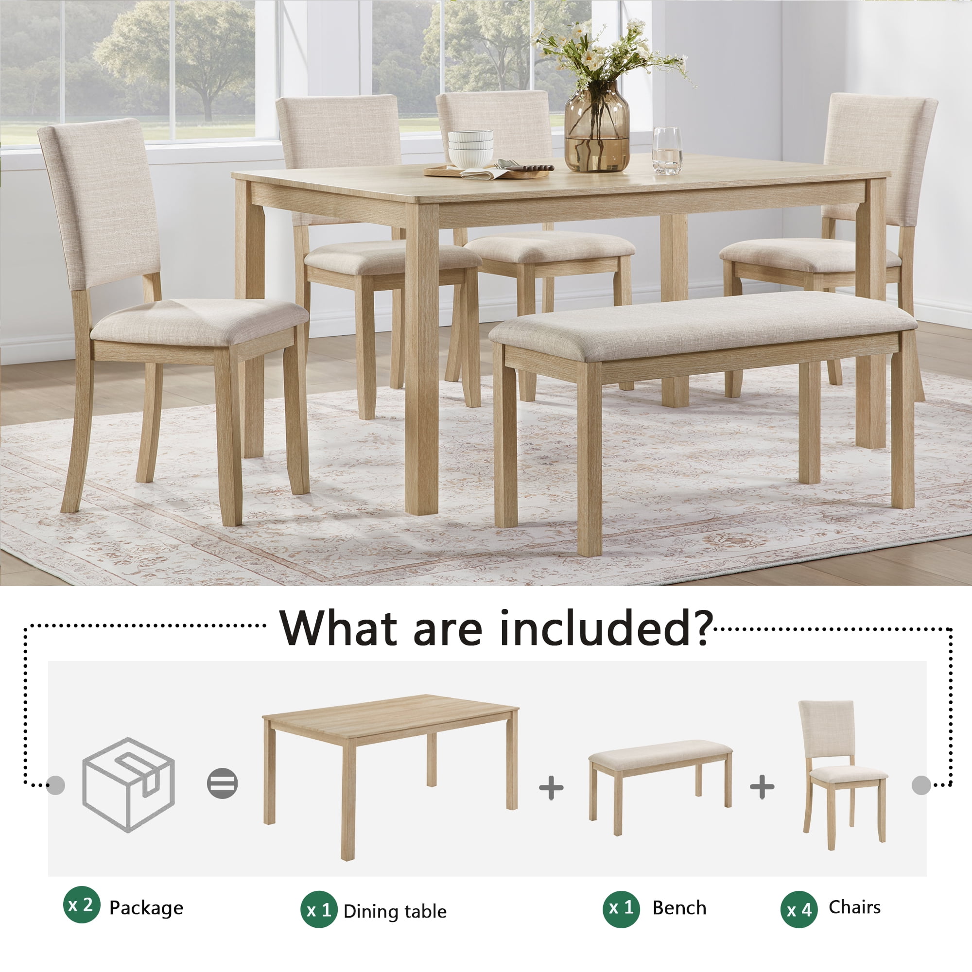 Gewnee Dining Set for 6,Farmhouse 6 Piece Dining Table Sets with Bench,Rectangle Wood Kitchen Table and 4 Upholstered Chairs.Light Oak & Beige
