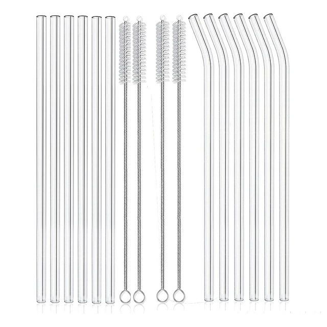 Pajitas de Vidrio Transparente Reutilizables, 12 Uds., Pajitas de Vidrio Resistentes una Roturas, 6 Rectas y 6 Dobladas con 4 Cepillos de Limpieza