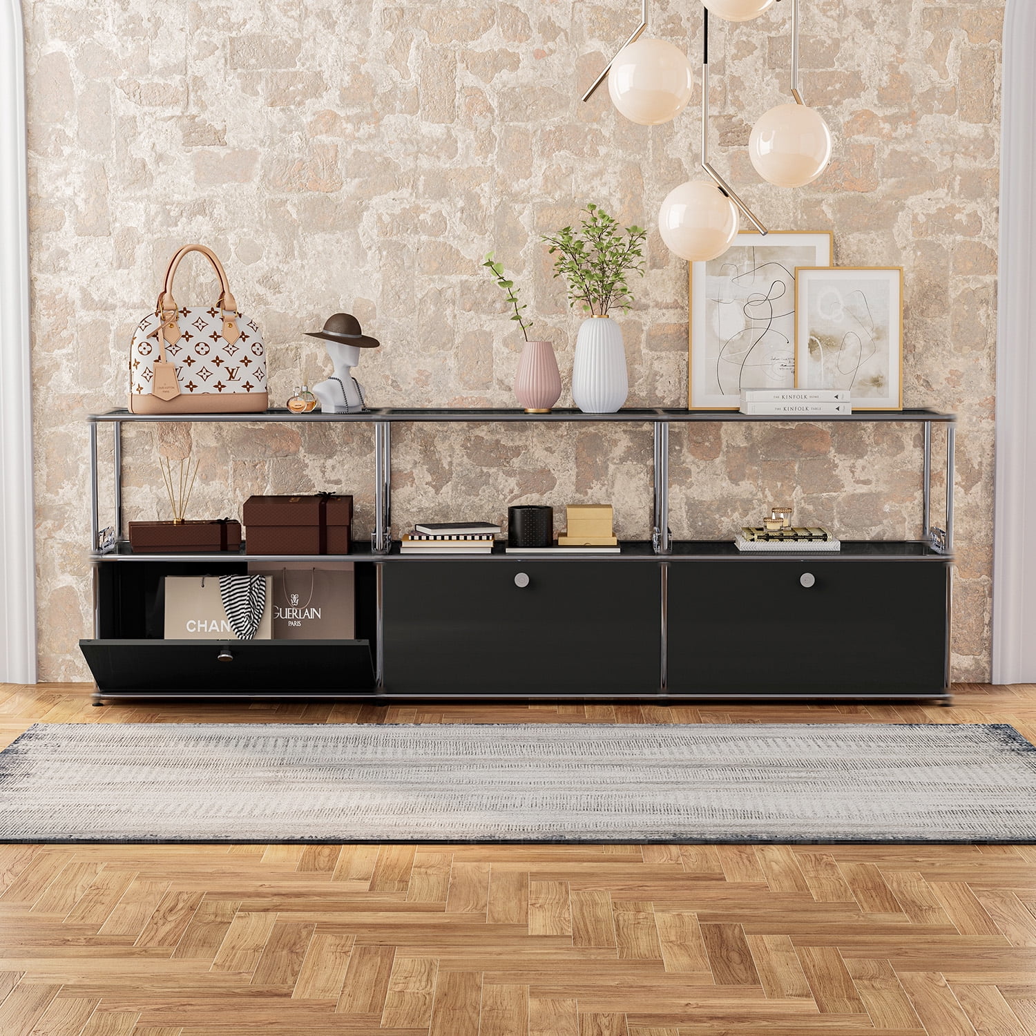 Modern TV Stand for 65-70" TV, Metal Entertainment Center TV Media Console Table with 3 Doors and Shelf, Black
