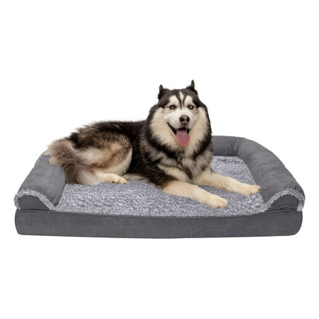 UPC: 0842229123975 | FurHaven Pet Products Orthopedic Two-Tone Faux Fur & Suede Sofa-Style Couch Pet Bed for Dogs & Cats – Stone Gray Jumbo