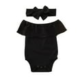 thumbnail image 1 of Infant Girl Romper Off Shoulder Jumpsuit + Bowknot Headband Outfits, 1 of 10