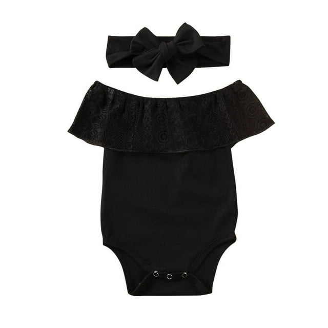 Infant Girl Romper Off Shoulder Jumpsuit + Bowknot Headband Outfits