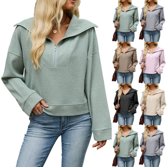 Women's Long Sleeve Turndown Collar Zipper Solid Color Top | CSEONE,Beige L