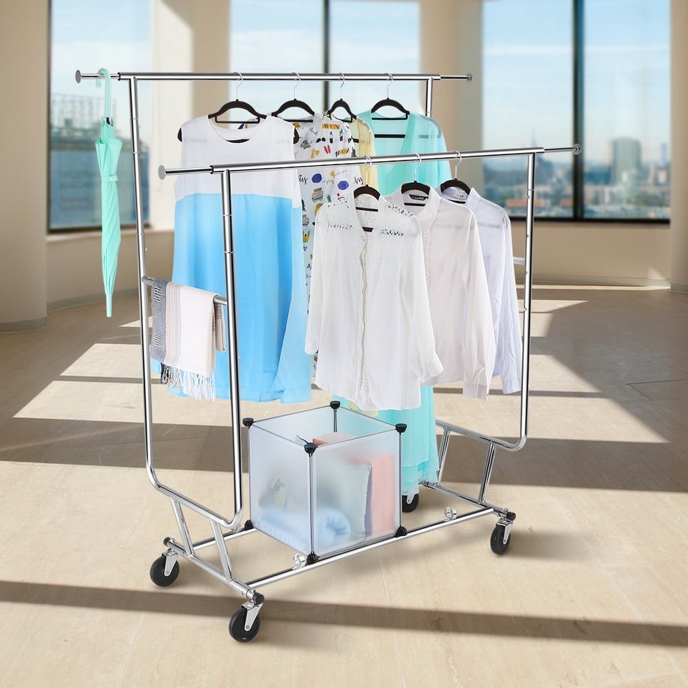 Double Rod Garment Rack, Commercial Clothing Garment Rack with 4 Wheels