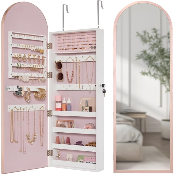 Sunny Lane Arch Mirror Jewelry Cabinet, Jewelry Storage Organizer, Armoire, Lockable Wall or Door Mountable, Full-Length Mirror - Rose Gold