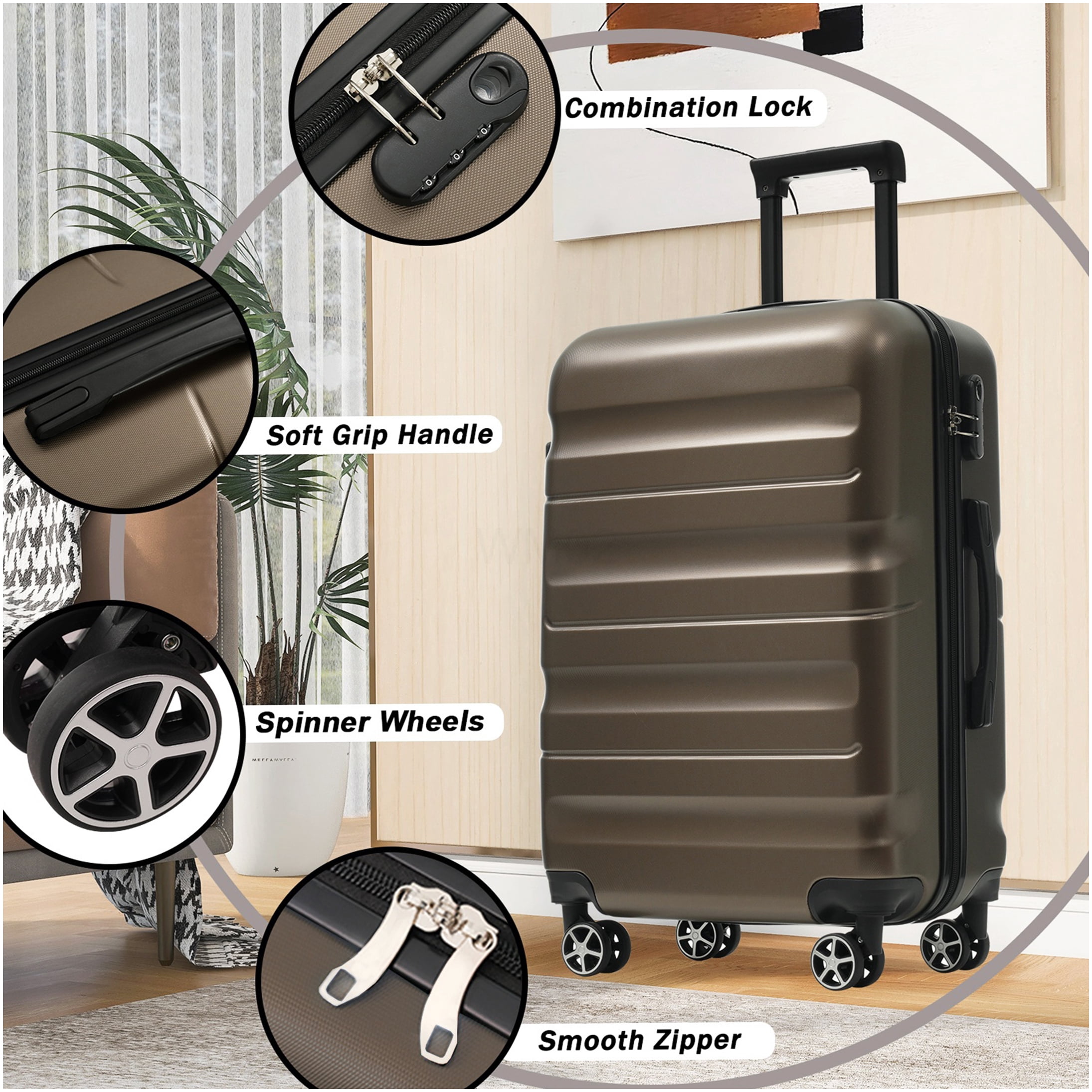 Brown ABS Hardshell Luggage Set with Spinner Wheels, Expandable Suitcases for Travel and Business, Lightweight Durable Carry On and Checked Bags