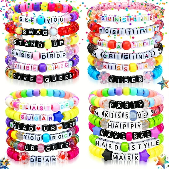24pcs Handmade Music Festival Bracelets, Colorful Beaded Friendship Bracelets Bulk, Reusable Plastic Letter Charms, Inspirational Quote Bracelets for Girls, Party Favors, Concerts, Christmas