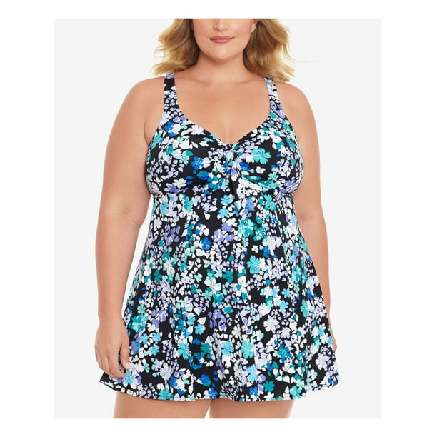 SWIM SOLUTIONS Women's Black Floral Stretch Tummy Control BowFront