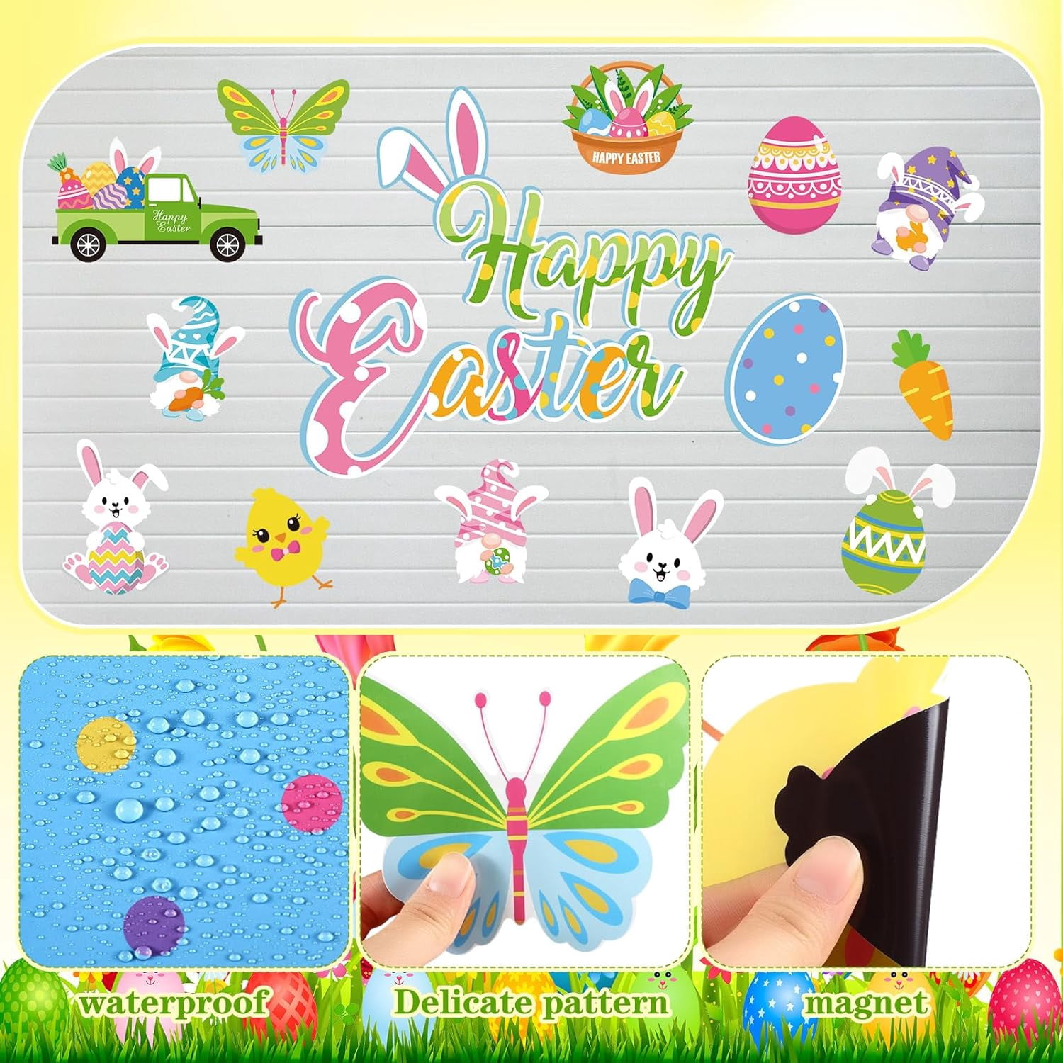 Easter Garage Door Magnets Decorations Kit - 25 Pcs Magnetic Easter Egg Bunny Gnome Designs For Refrigerator And Indoor Outdoor Holiday Decoration