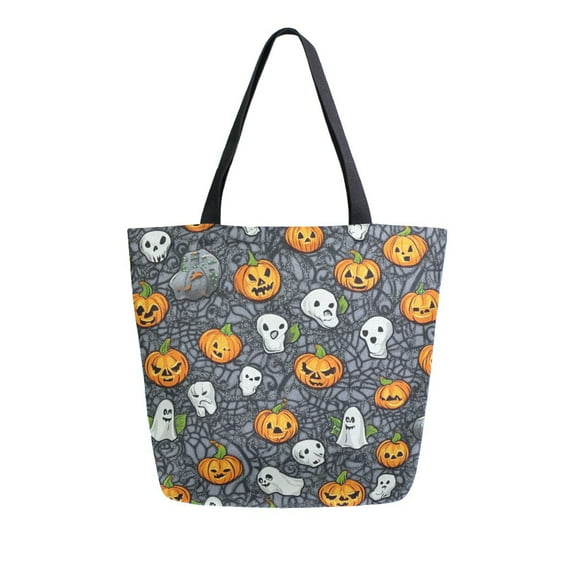 Open Top Canvas Tote Bag with Zipper Reusable Shopping Bag 13.5x15" Roomy Carryall A Pattern Of Small Pumpkins