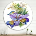 thumbnail image 2 of Designart 'Birds With Purple Iris' Traditional Circle Metal Wall Art 29x29 - Disc of 29, 2 of 5