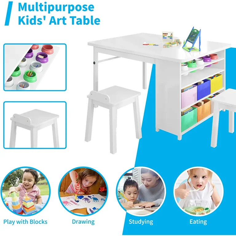 Guidecraft Deluxe Art Center: Drawing Desk and Painting Table for Kids, W/  Two Stools, Craft Supplies Storage Shelves, Canvas Bins, Paper Roll –  Preschool Toddler Wooden Learning Furniture 