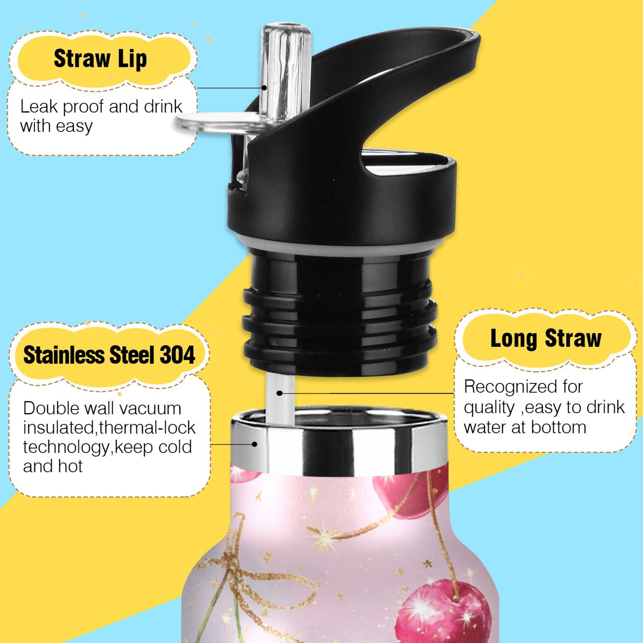 Kids Insulated Stainless Steel Sports Water Bottle 600ml (20oz) Watercolor Sparkling Cherries