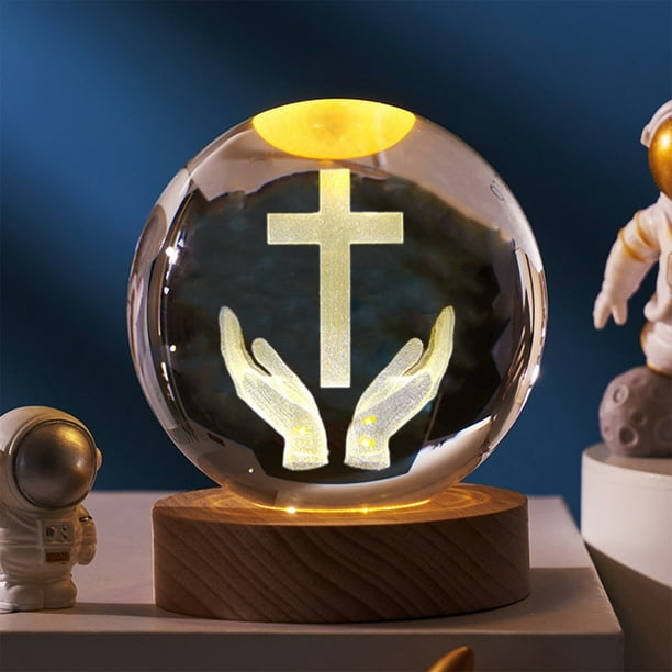 Lámpara de noche de cristal con grabado de la Sagrada Familia, estatua con soporte de madera, luz que cambia de color, colección religiosa de cristal, lámpara de noche católica.