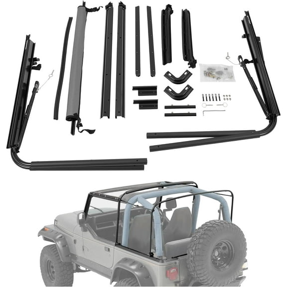 Kojem Soft Top Support for 1987-1995 Jeep Wrangler YJ W/Squared Front Upper Half Doors, Replacement Convertible Soft Top Frame Aluminum, Steel
