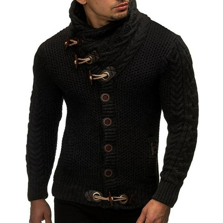 ★MOHAN★ TFR BUTTON SLIM CARDIGAN TOP_2COLORS Men Cardigan Sweater Horn Buttons Solid Color Turtleneck