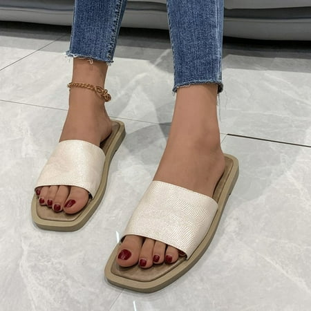 

Ladies Fashion Summer Solid Color Leather Leather Square Head Open Toe Flat Casual Sandals