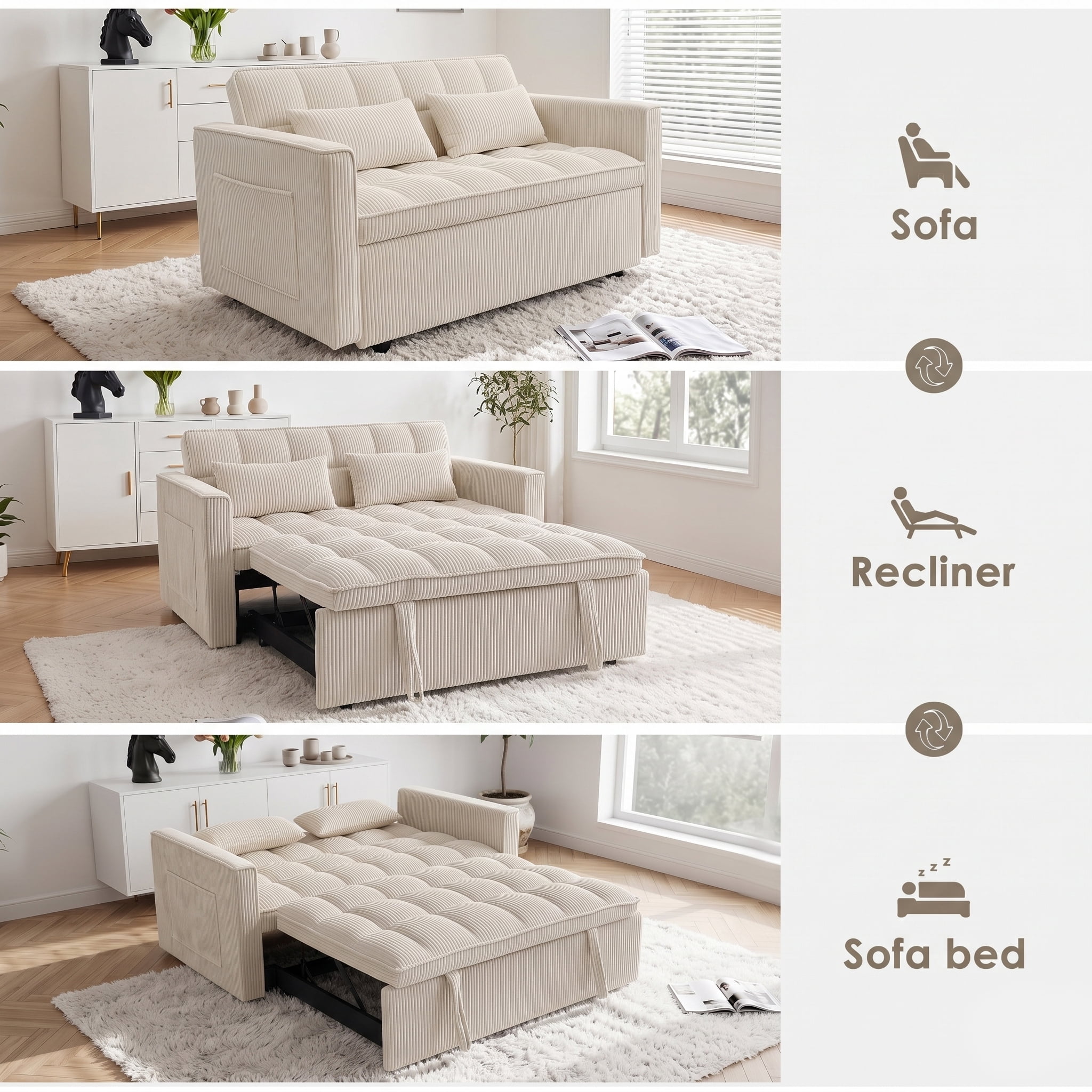 ShiKeyi 54" Corduroy Convertible Sofa Bed, 3 in 1 Pull Out Sleeper Sofa, Loveseat Couch with Storage Pocket, Beige