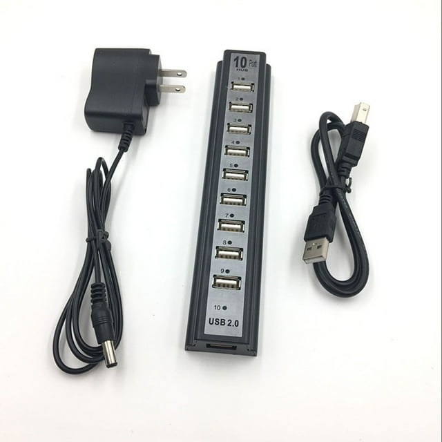 Cateissary Hub divisor USB 2,0 de 10 puertos con cargador, expansor de ordenador, adaptador de corriente de datos de carga portátil, accesorio Juegos de teclado y mouse para computadora