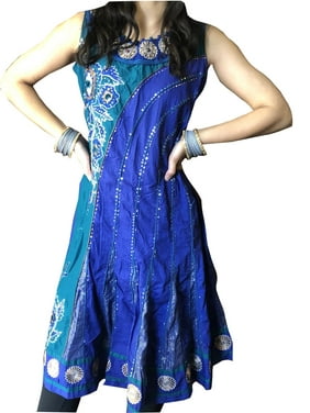 Women Tunic Dress Blue Embroidered Summer Umbrella Style Cotton Dresses S