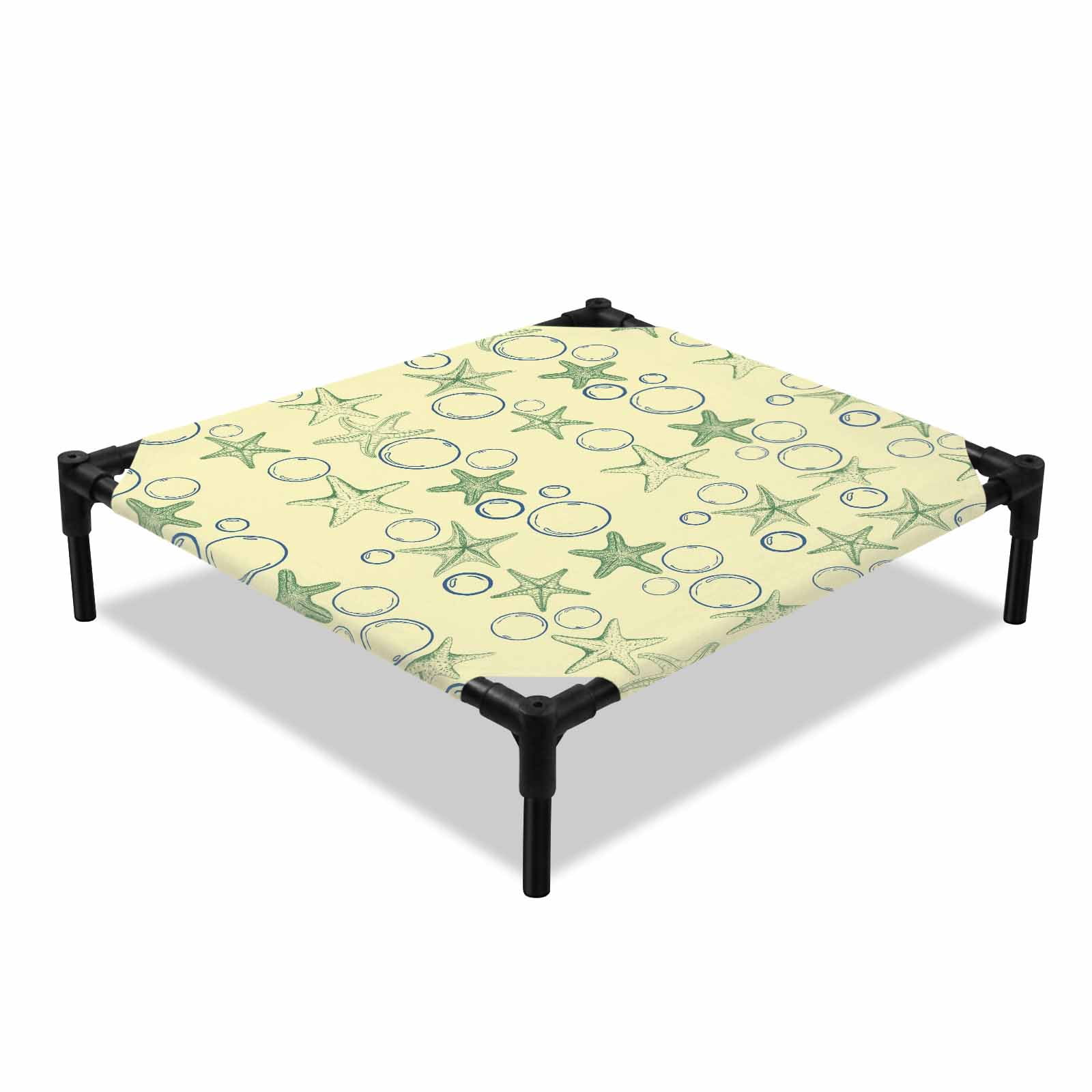 Summer Nautical Elevated Dog Bed Ocean Cartoon Starfish Coastal Bubbles Green Cooling Breathable Outdoor Raised Dog Cot Bed with Metal Frame Non-Slip Feet for Small Dog 20x20in