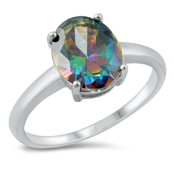 Rainbow Simulated Topaz Cubic Zirconia Oval Solitaire Ring Sterling Silver Size 6
