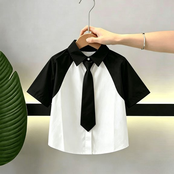 RUTAYY Boys Shirt Classic Turndown Collar Short Sleeve Color Block Raglan Top School Daily Wear White