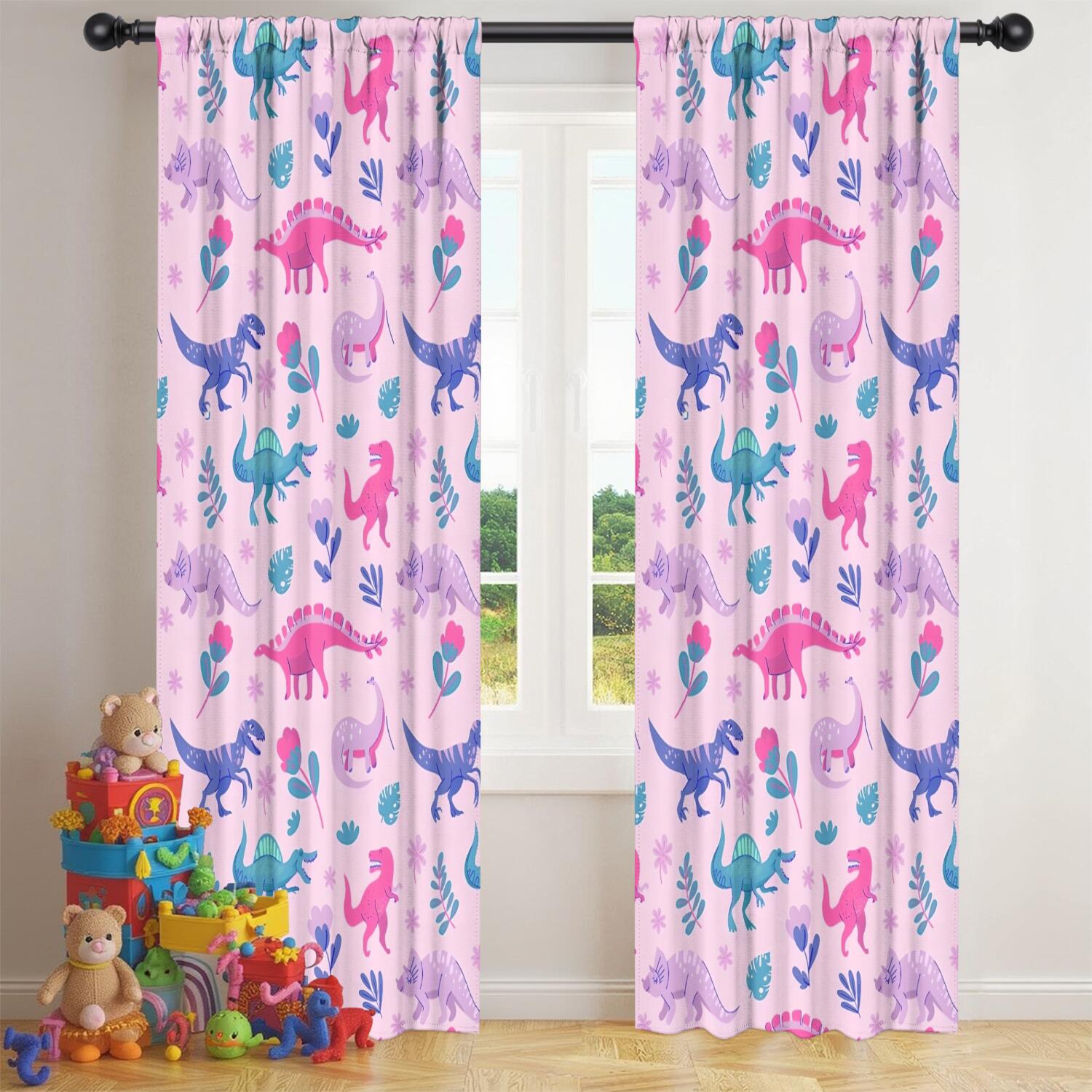 Blackout Kids Curtains,Pink Dinosaurs Flowers Leaves Pattern Childrens Insulated Curtains Set Of 2,Bedroom Essentials,Toddler Room Decor 42"x84"