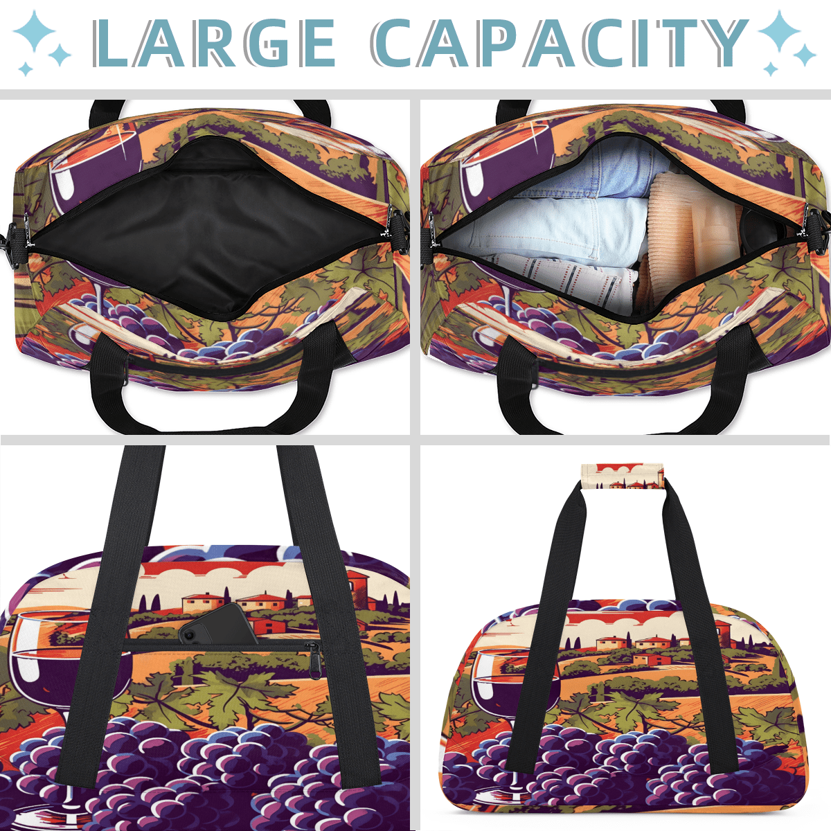 Herdesigns Wine Sports Duffle Bag for Women & Men, Grape Wine Gym Bag Dance Bag Overnight Bag Carry On Weekender Travel Bag