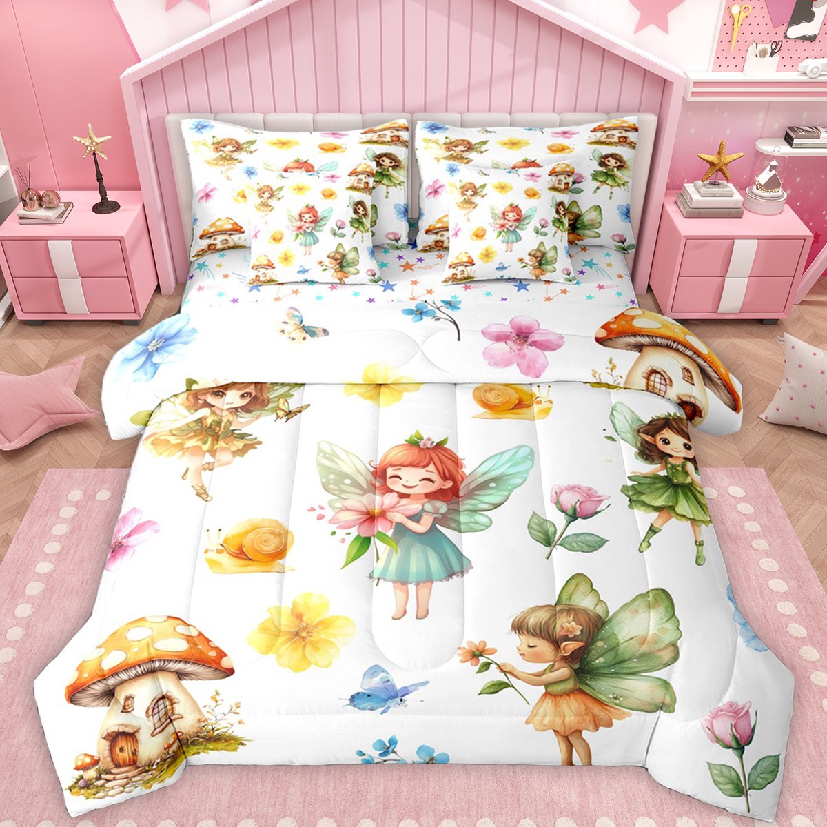 Feelyou Cute Cartoon Elf Bedding Comforter Set 7 Pieces Fairy Tale Princess Full Bedding Set Kawaii Floral Flower Reversible Fitted Sheet Flat Sheet Ultra Soft Bedroom Decor