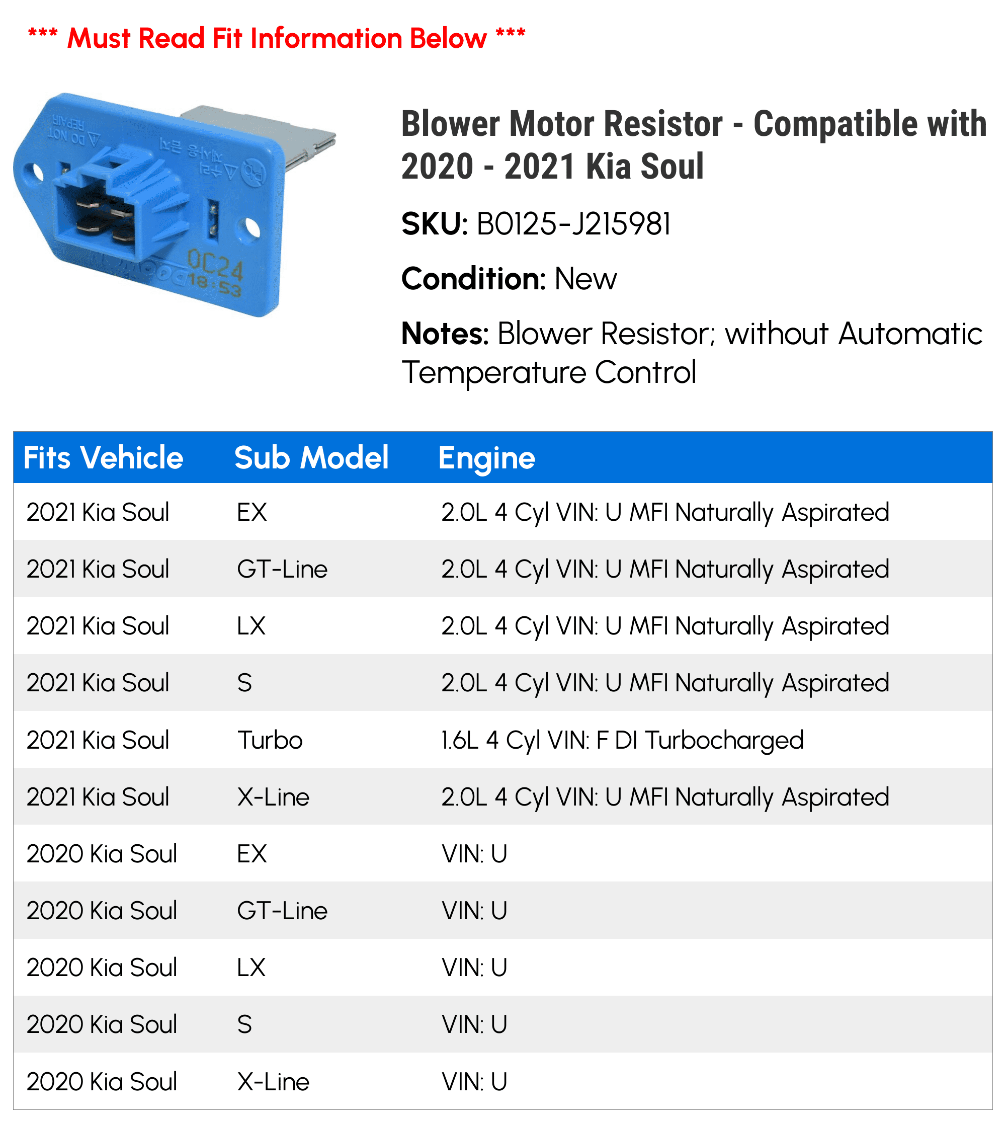 Blower Motor Resistor - Compatible with 2020 - 2021 Kia Soul