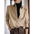 thumbnail image 3 of Brushed Chic Polo Collar Velvet Layered Base Shirt Top, Tan, Large, 3 of 5