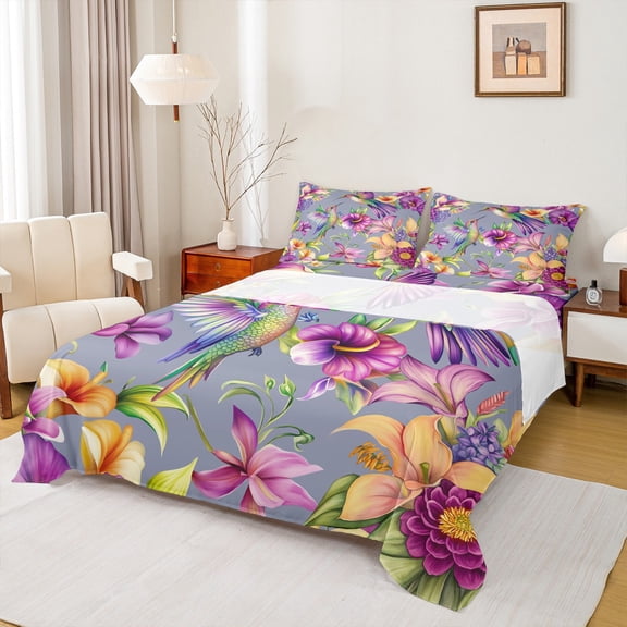 jejeloiu Cute Hummingbird Twin Sheet Set (3-Piece) Rustic Floral Purple Luxury Decor For Girls