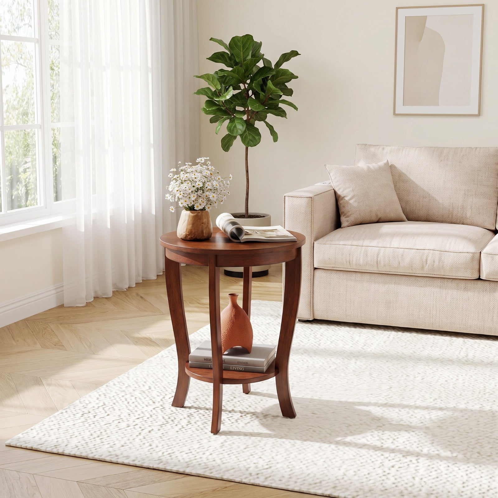 Furnibear 2 Tier Round End Table with Solid Rubber Wood Legs and Lower Storage Shelf for Living Room Bedroom and Small Spaces, Brown