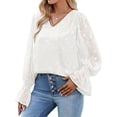 thumbnail image 3 of Xuanfei Women Solid Color V Neck Jacquard Flare Sleeve Layered Chiffon Top, 3 of 6