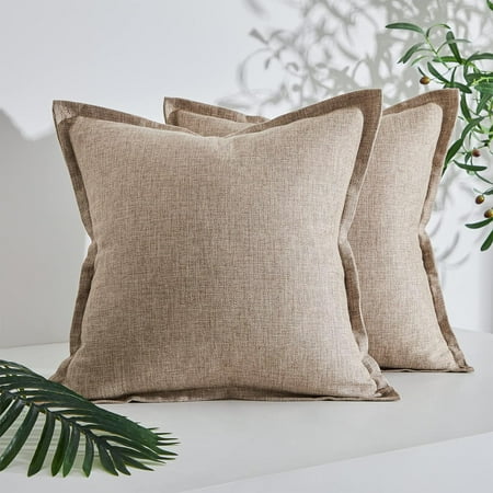 

Neutral Accent Throw Pillow Cover 16x16 Inch Decorative Set of 2 Textured Linen Farmhouse Edges Trimmed Cushion Covers Solid Color Square Morden Outdoor Pillowcase for Porch Terrace Pets